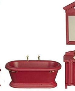 Dollhouse Traditional Deep Red Wooden Bathroom Suite Furniture Set Miniature
