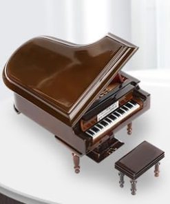 Miniature Piano, Mini Wooden Grand Piano Musical Instrument Model Ornament Dolls House Living Room Furniture Accessories with Stool 2
