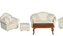 Town Square Miniatures Dollhouse Walnut & White Modern Living Room Furniture Set 7 Pieces 1:12 Scale