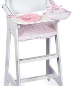 Doll High Chair with Accessories and Personalization Kit White, Includes Plate, Bib, Spoon, Lift and Lower Tray, Scalloped Back, and Footrest for 18-inch Dolls