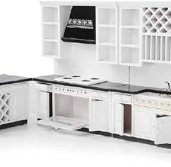 Dollhouse Kitchen Set Miniature Furniture of Dining Room Kitchen Kit 1/12 Scale Wooden Dollhouse Accessories (Style B)