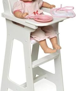 Doll High Chair with Accessories and Personalization Kit White, Includes Plate, Bib, Spoon, Lift and Lower Tray, Scalloped Back, and Footrest for 18-inch Dolls 2