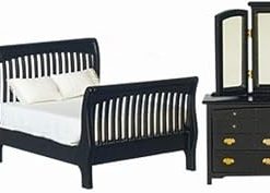 Melody Jane Dollhouse Black Double Bedroom Furniture Set with Slatted Sleigh Bed 1:12