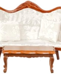 Dollhouse Miniature Victorian White Living Room Furniture Set Walnut Sofa 2