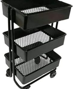 Dolls Storage Shelf 1/12 Doll House Furniture Accessories – Morden Style Display Rack Pack of 10 Iron Furniture Black for Miniature Dollhouse Decor, 3 Levels with 4 Wheels, for 2