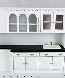 Dolls House Miniature Fitted Kitchen Furniture Black & White Sink Unit Cupboards
