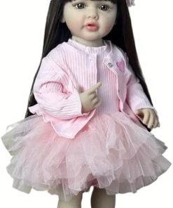 Reborn Baby Doll Girl 22 Inch Lifelike Babies Newborn Dolls That Look Real Full Soft Vinyl Body Cute Realistic Standing Toddler Girls with Long Hair Beautiful Pink Dress Accessories for Kids Age 3+
