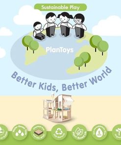 PlanToys Green Wooden Dollhouse with Furniture – Chemical-Free Green Toy Featuring 18 Wooden Furtniture Set 2