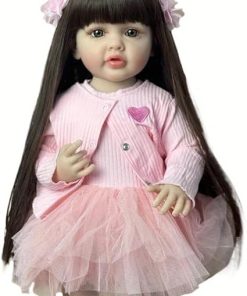 Reborn Baby Doll Girl 22 Inch Lifelike Babies Newborn Dolls That Look Real Full Soft Vinyl Body Cute Realistic Standing Toddler Girls with Long Hair Beautiful Pink Dress Accessories for Kids Age 3+ 2