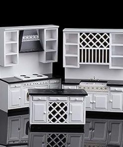 1:12 Scale Mini House Wooden Furniture Miniature Kitchen Cabinet Mini Bar Counter Furniture Set (White and Black) 2