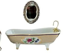 Dollhouse Miniature 1:12 Scale 4 Pc Gold with Floral Trim Bath Set #T5371