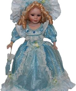 Elegant Porcelain Doll in Blue Dress with Umbrella | Victorian Display Figure for Collectibles and Home Decor for Kids and Adults