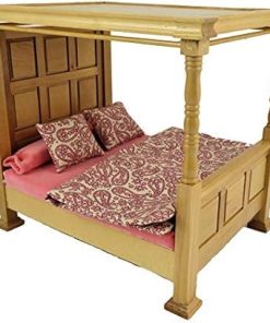 Melody Jane Dollhouse Tudor Light Oak Tester Bed 4 Poster with Bedding Bedroom Furniture