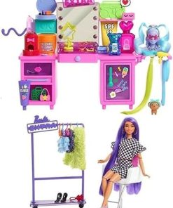 Barbie Extra Doll & Vanity Playset with Exclusive Doll, Pet Puppy, 45+ Pieces Including Clothes & Accessories, Toy Gift for Kids 3Y+, GYJ70