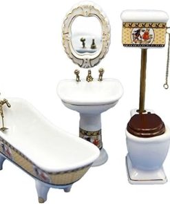 Melody Jane Dolls Houses Dollhouse White Porcelain Bathroom Suite Gold Trim Miniature Furniture Set