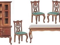 Melody Jane Dollhouse Walnut & Green Dining Room Furniture Set with Dresser Table & Chairs