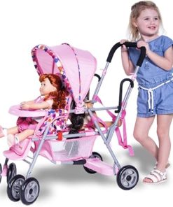Joovy Toy Caboose Baby Doll Stroller Featuring Reclining Front Seat, Adjustable Footrest, Storage Basket, Extendable Canopy, and Snack Tray – Holds 3 Dolls (Pink Dot)