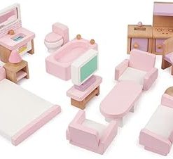 Light Pink, Light Purple Wooden Doll House 1:12 Furniture 4 Sets -22 Piece,Living Room,Bedroom,Bathroom and Kitchen Accessories, Beautiful Gift for Girls … 2