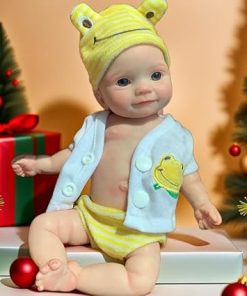 Lifelike Full Body Silicone Reborn Baby Dolls Girl – 11Inch Realistic Full Silicone Body Baby Doll with Big Eyes Yellow Frog Set for 3+ Years Old