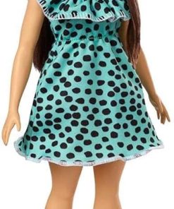 Barbie Fashionistas Doll #149 with Long Brunette Hair Wearing Graphic Black & Aqua Polka-Dot Dress, Purple Sandals & Sunglasses, Toy for Kids 3 to 8 Years Old