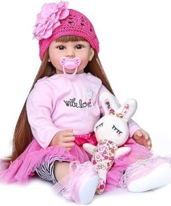 MSNOR Realistic Reborn Baby Dolls Silicone Vinyl Toddler Baby Girl 24 inches 60cm Newborn Babies Doll with Long Brown Hair Pink Dress 2