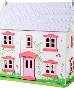 Bigjigs Toys, Heritage Playset Rose Cottage Doll House, Wooden Toys, Wooden Dolls House, Doll House for Toddlers, 18pcs Dolls House Furniture, Girls Toys, 3 Year Old Girl Gifts, Wendy House