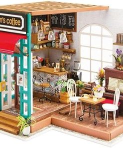 Robotime 3D DIY House Kit Cafe House with LED Light Model Making Miniature Woodcraft Dollhouse Puzzle Challenge Gift Set (Simon’s Cafe)