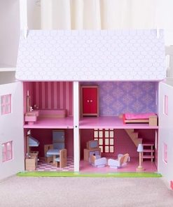 Bigjigs Toys, Heritage Playset Rose Cottage Doll House, Wooden Toys, Wooden Dolls House, Doll House for Toddlers, 18pcs Dolls House Furniture, Girls Toys, 3 Year Old Girl Gifts, Wendy House 2