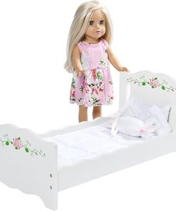Badger Basket Doll Bed Plus 18 Inch Doll, Includes Bedding and Personalization Kit, White Rose