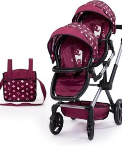 Bayer Design 26723AA Twin dolls pram, carriage, adjustable handle, foldable, bag, bordeaux, pink, stars