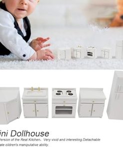 Dollhouse Miniature Integral Kitchen Furniture, White Cooking Table Combination (Refrigerator Four Piece Set) for 1:12 Dollhouse(Mini Kitchen Furniture) 2