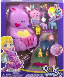 Polly Pocket Mini Toys, Mama and Joey Kangaroo Purse 2-in-1 Compact Playset with 2 Micro Dolls and Accessories, Travel Toys, HKV50