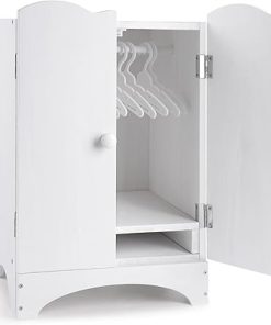 BABESIDE Wooden Baby Doll Closet, Wooden Furniture Armoire Doll Wardrobe for Baby Doll Clothes Storage, Fit 12-16 Inch Doll Clothes, Includes 10 Clothes Hangers, Pretend Play for 3+ Girls Boys