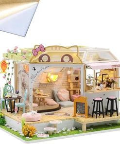 WonDerfulC Cat Cafe Wooden Miniature Dollhouse Kit DIY Pet Cat Coffee Shop Building Model Accessories with Furniture LED Light Music Box Birthday (Include Dust Cover)