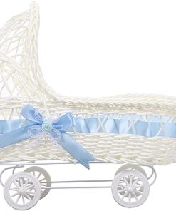 Zerodeko Carriage Centerpiece 1PC Mini Baby Stroller for Dolls, Candy Container Basket Desktop, Wedding Rattan Woven Flower Basket Decoration, Imitation Toys Doll Stroller Pretend Play Toy, Sky-Blue