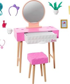 Barbie Furniture & Accessories Set, Doll House Décor, 10+ Pieces for Vanity Including Stand with Mirror, Stool, Beauty Products & More