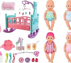 deAO 12” Baby Doll Play Set with Crib, Mobile, High Chair Feeding Accessories, Interactive Dolls for Girls Kids Pretend Play Baby Dolls 21 PCS