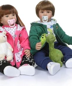 iCradle Angelbaby Reborn Baby Dolls Toddlers Twins Boy and Girl Realistic Soft Silicone 24 inch Brown Hair Newborn Child Dolls Toys Toddler Size Gifts Set 2 pcs