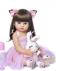 Realistic Baby Dolls Silicone Full Body Girl 22 inch Reborn Babies That Look Real Toddler Lifelike Dolls Long Hair Pink Dress for Girls Kids Birthday Gift