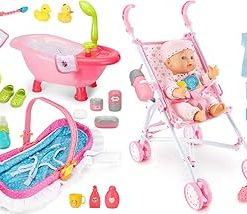 deAO Baby Doll Set, 25 PCS Baby Doll Accessories with High Chair, Bath, Crib, Feeding Accessories 14″ Pretend Play Baby Dolls Toys Gift for Girls