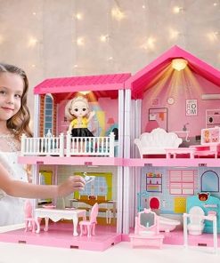 Dollhouse Kit, Doll House Asseccories and Furniture, DIY Pretend Play Building Playset Toys with Doll and Lights, Princess House for Toddlers, Kids Boys & Girls (4 Rooms)