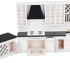 CUEI Miniature Dollhouse Furniture Kitchen Set, 1:12 Scale Wooden Kitchen Cabinet Set, White Dollhouse Decoration Accessories for Dining Room