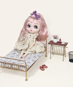 Golden Dollhouse Bed Set (4pcs)-1/6 Scale Dollhouse Gold Miniature Furniture Decoration Accessories 2
