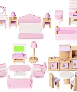 22 Pieces Wooden Doll House Furniture Toy Set – Bathroom Kitchen Bedroom Living Room 4 Set 2