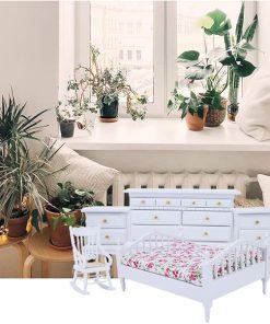 Dolls House Furniture Queen Bed 6pcs Mini Wood Cabinet Mini Furniture Miniature Dollhouse Bed 1:12 Wooden for Doll 2