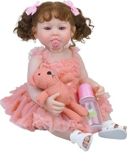 KAWAYII- 22 InchReborn Baby Doll Girl Lifelike Babies Newborn Dolls That Look Real Full Soft Vinyl Body Cute Realistic Bebe with Curly Hair Beautiful Pink Dress Accessories for Kids Age 3+ 2