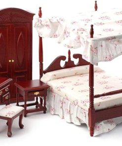 Melody Jane Dolls Houses Dollhouse Mahogany Victorian Bedroom Furniture Set with Canopy 4 Poster Bed