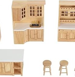Miniature Dollhouse Kitchen Cabinet Furniture Set, Birch Wood Material, Provides Play Experience