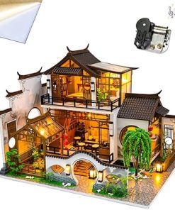 DIY Miniature Dollhouse Kit with Furniture and LED Lights, Chinese Wooden Dollhouse Includes Dustcover and Music Box, Valentine’s Day Birthday Gift