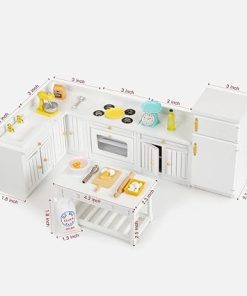 Wooden Dollhouse Furniture 1 12 Scale, Doll House Furniture Toys for Dollhouse Kitchen Incl Cabinets Kitchen Island Refrigerator Stand Nixer, Miniture House Furniture and Accessories 2